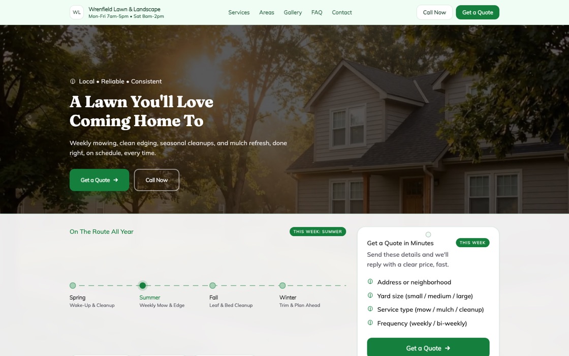 A landscaping site built with Buildrok, shown on a desktop browser
